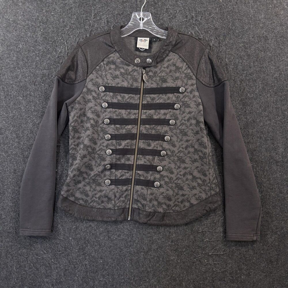 Harley-Davidson Jacket Women's Large Gray Floral Military Full Zip Moto Detail